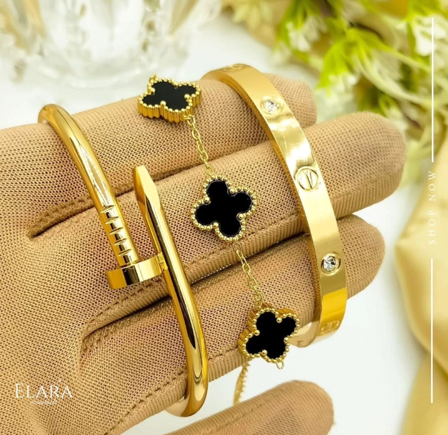 Luxury Gold Clover Bracelet & Nail Bangle Set with Zircon Stones – Premium Women’s Jewelry