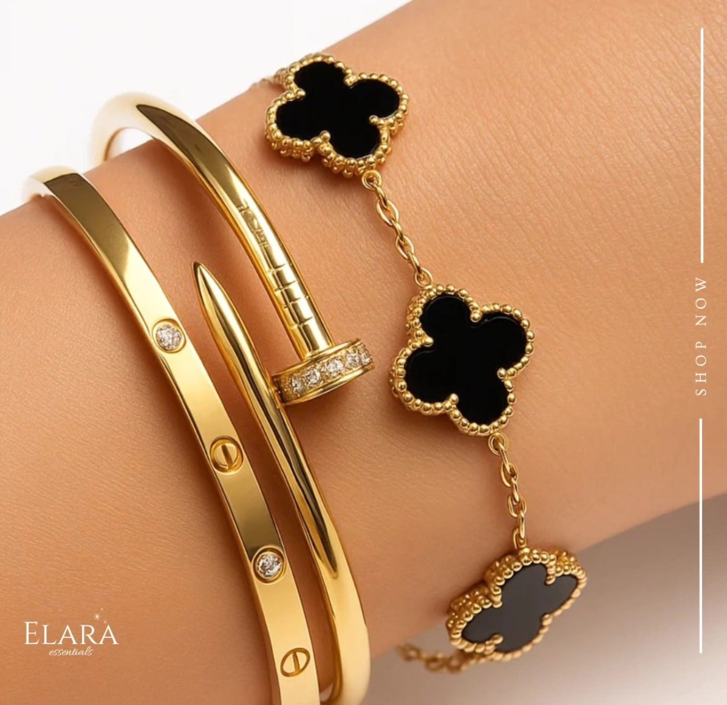 Luxury Gold Clover Bracelet & Nail Bangle Set with Zircon Stones – Premium Women’s Jewelry