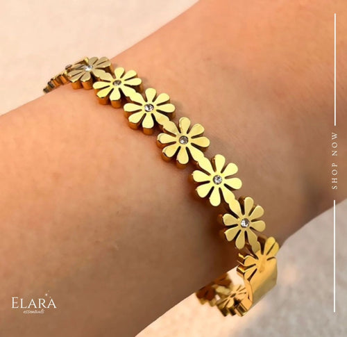 Dainty Daisy Floral Bangle – Zirconia Flower Bracelet – Tarnish-Free Stainless Steel