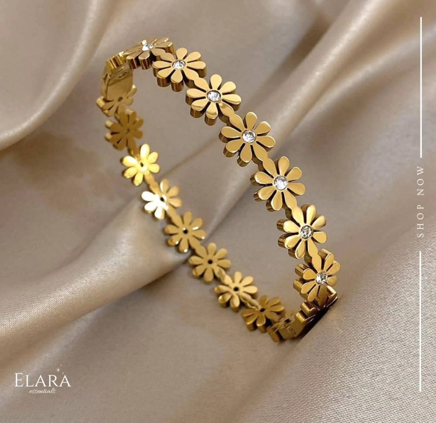 Dainty Daisy Floral Bangle – Zirconia Flower Bracelet – Tarnish-Free Stainless Steel